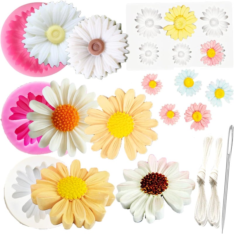 Nimozekd Chrysanthemum Daisy Silicone Mold 4 PCS Daisy Mold Resin Mold with Large-Eye Wicking Needle Candlewick for Scented Candle DIY Clay Craft Cake Decoration Cupcake Toppe - Image 1
